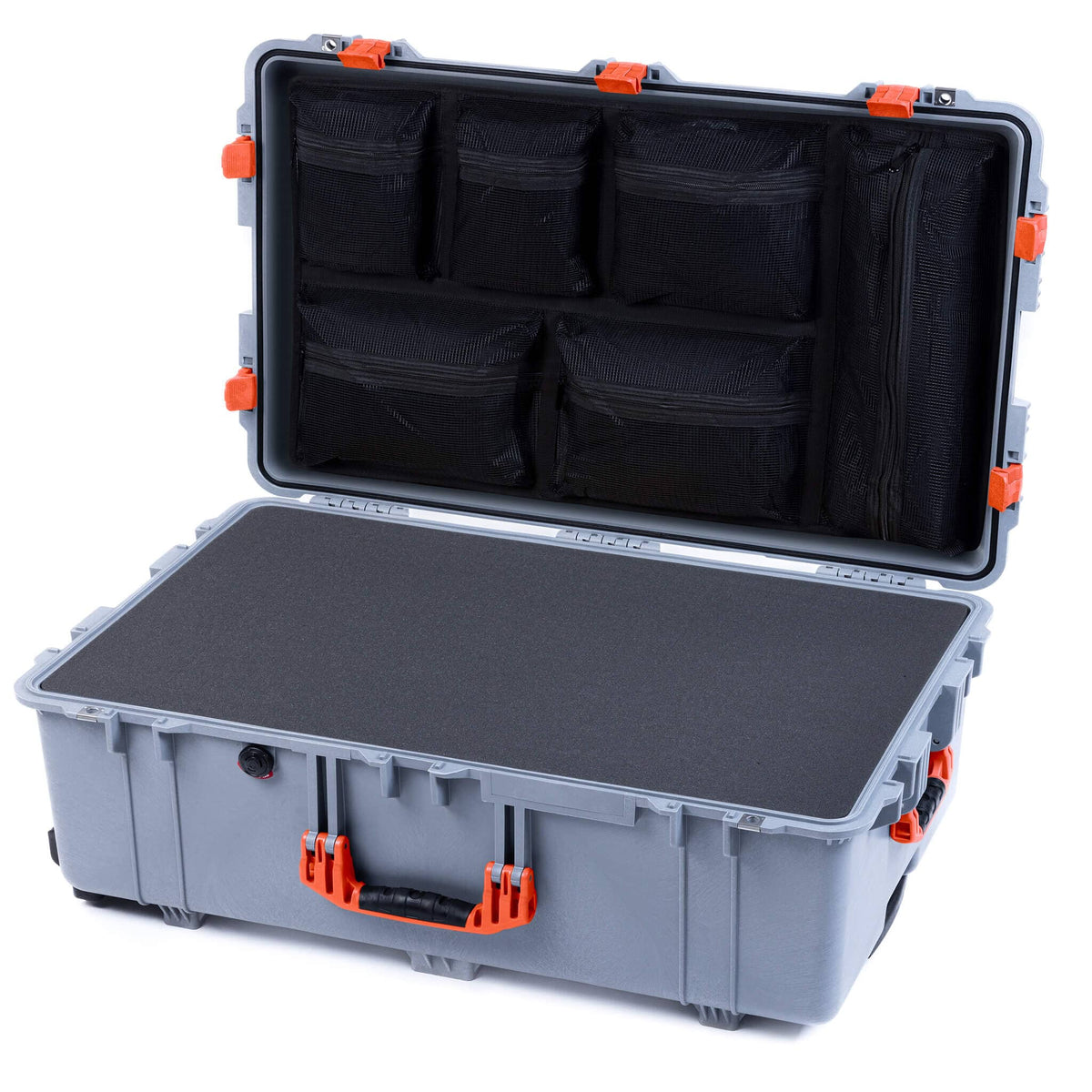Pelican 1650 Case, Silver with Orange Handles &amp; Latches Pick &amp; Pluck Foam with Mesh Lid Organizer ColorCase 016500-0101-180-150