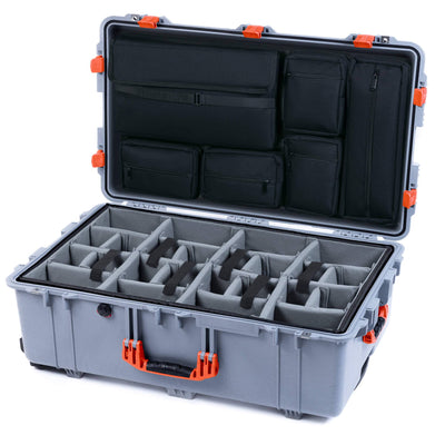 Pelican 1650 Case, Silver with Orange Handles & Latches Gray Padded Microfiber Dividers with Laptop Computer Lid Pouch ColorCase 016500-0270-180-150