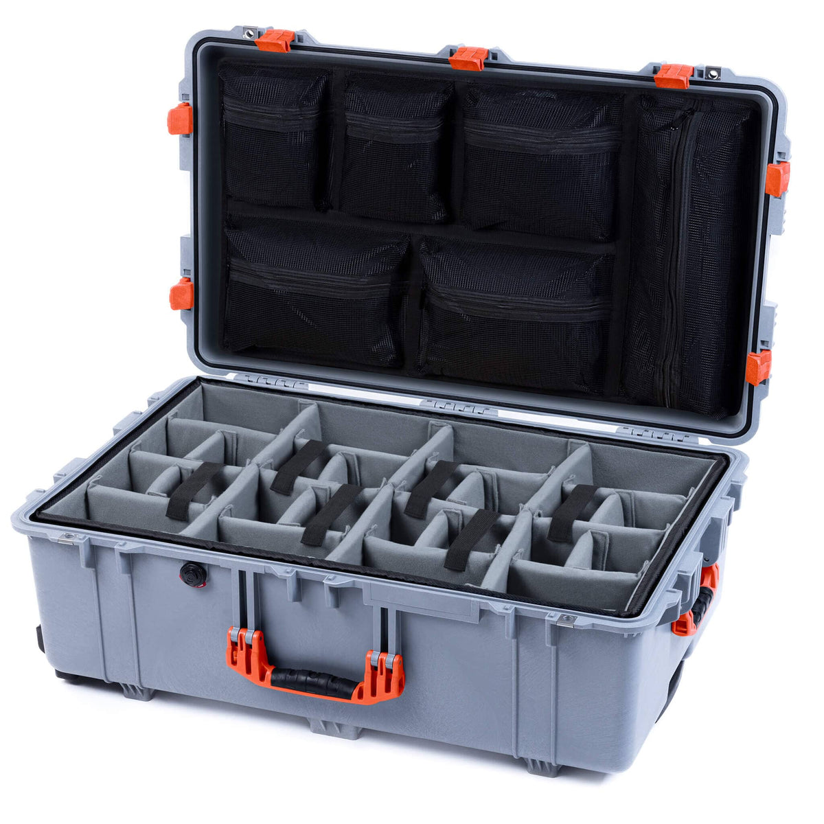 Pelican 1650 Case, Silver with Orange Handles &amp; Latches Gray Padded Microfiber Dividers with Mesh Lid Organizer ColorCase 016500-0170-180-150