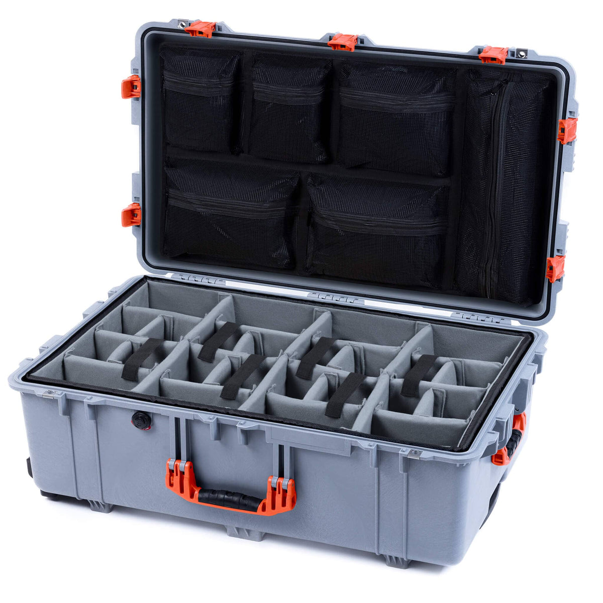 Pelican 1650 Case, Silver with Orange Handles &amp; Push-Button Latches Gray Padded Microfiber Dividers with Mesh Lid Organizer ColorCase 016500-0170-180-151