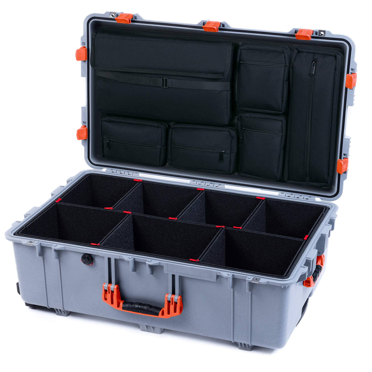 Pelican 1650 Case, Silver with Orange Handles &amp; Latches TrekPak Divider System with Laptop Computer Pouch ColorCase 016500-0220-180-150