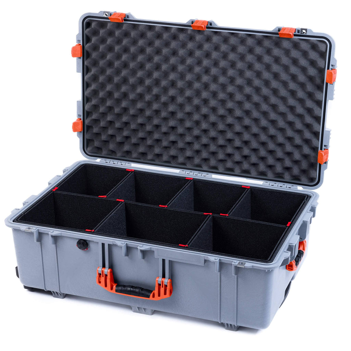 Pelican 1650 Case, Silver with Orange Handles &amp; Latches TrekPak Divider System with Convoluted Lid Foam ColorCase 016500-0020-180-150