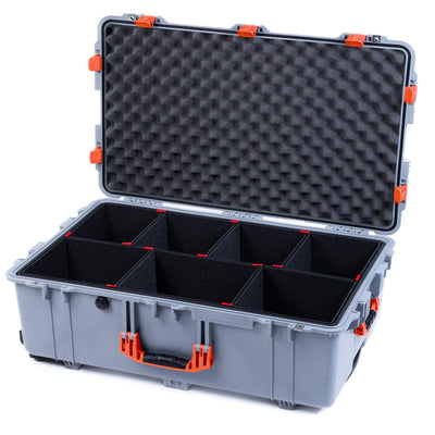 Pelican 1650 Case, Silver with Orange Handles & Latches TrekPak Divider System with Convoluted Lid Foam ColorCase 016500-0020-180-150