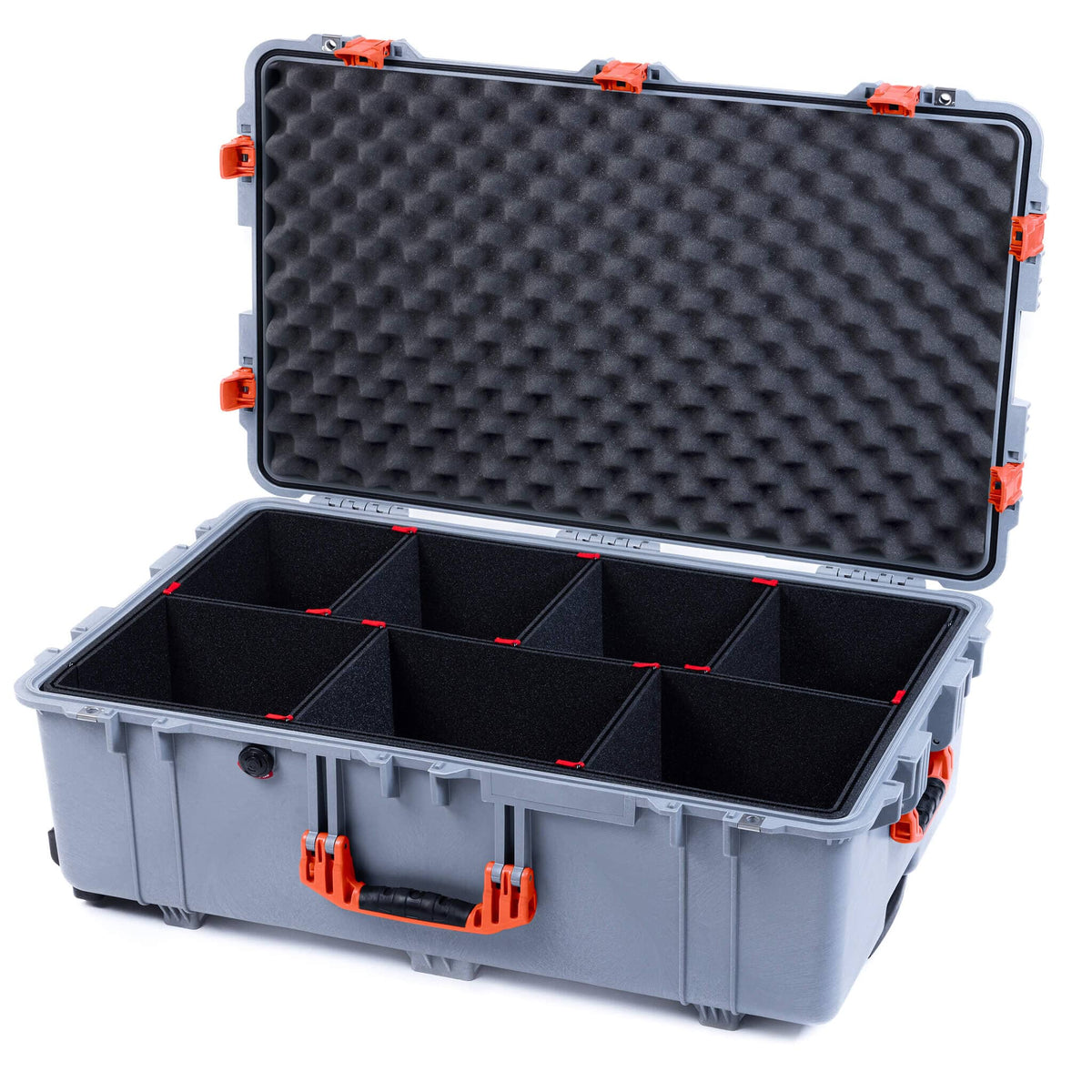 Pelican 1650 Case, Silver with Orange Handles &amp; Push-Button Latches TrekPak Divider System with Convoluted Lid Foam ColorCase 016500-0020-180-151