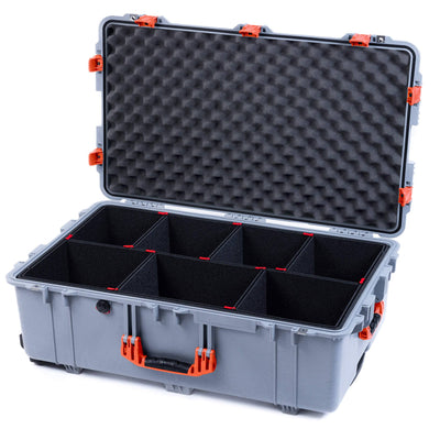 Pelican 1650 Case, Silver with Orange Handles & Push-Button Latches TrekPak Divider System with Convoluted Lid Foam ColorCase 016500-0020-180-151