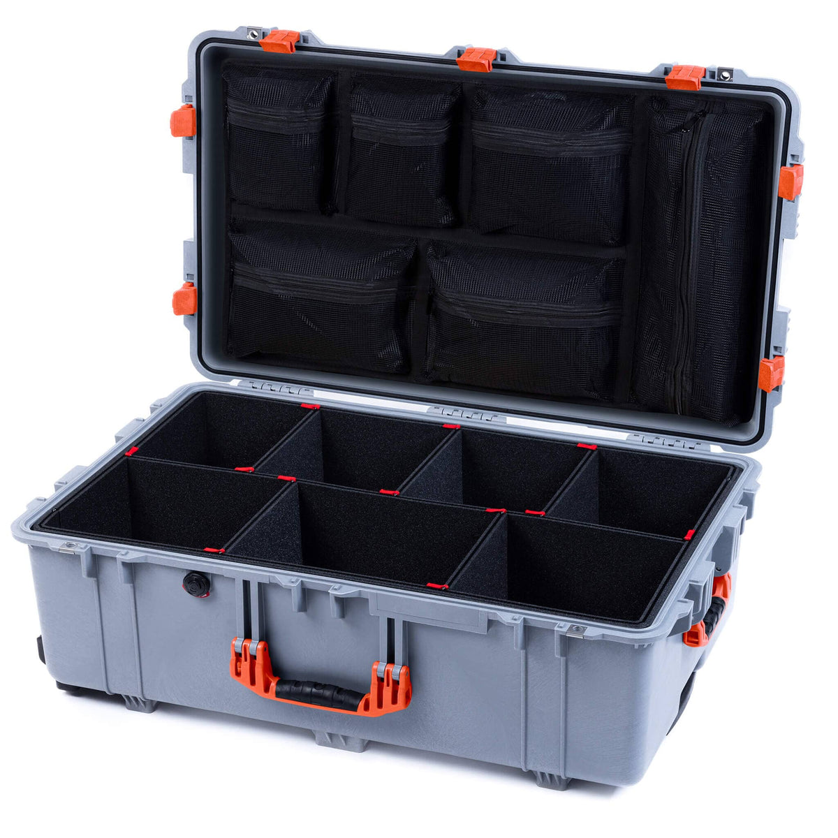 Pelican 1650 Case, Silver with Orange Handles &amp; Latches TrekPak Divider System with Mesh Lid Organizer ColorCase 016500-0120-180-150