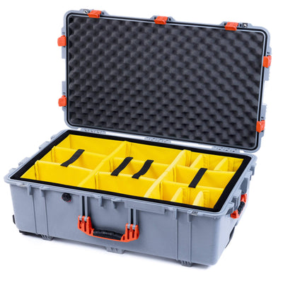 Pelican 1650 Case, Silver with Orange Handles & Latches Yellow Padded Microfiber Dividers with Convoluted Lid Foam ColorCase 016500-0010-180-150