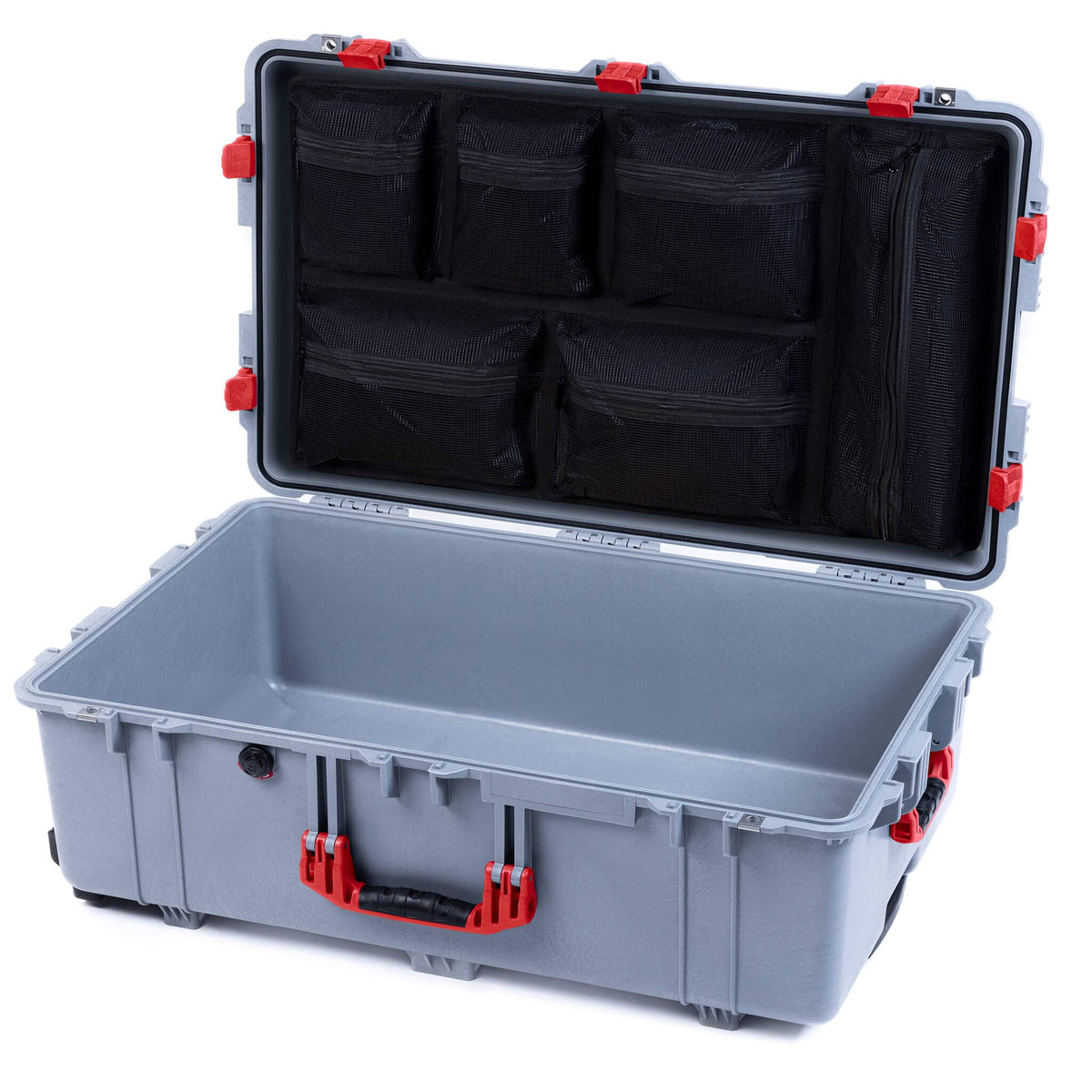 Pelican 1650 Case, Silver with Red Handles &amp; Latches Mesh Lid Organizer Only ColorCase 016500-0100-180-320