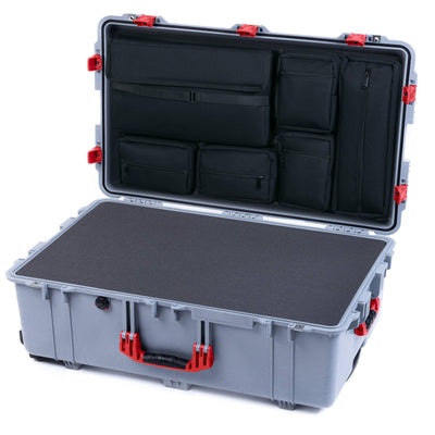 Pelican 1650 Case, Silver with Red Handles & Push-Button Latches Pick & Pluck Foam with Laptop Computer Lid Pouch ColorCase 016500-0201-180-321