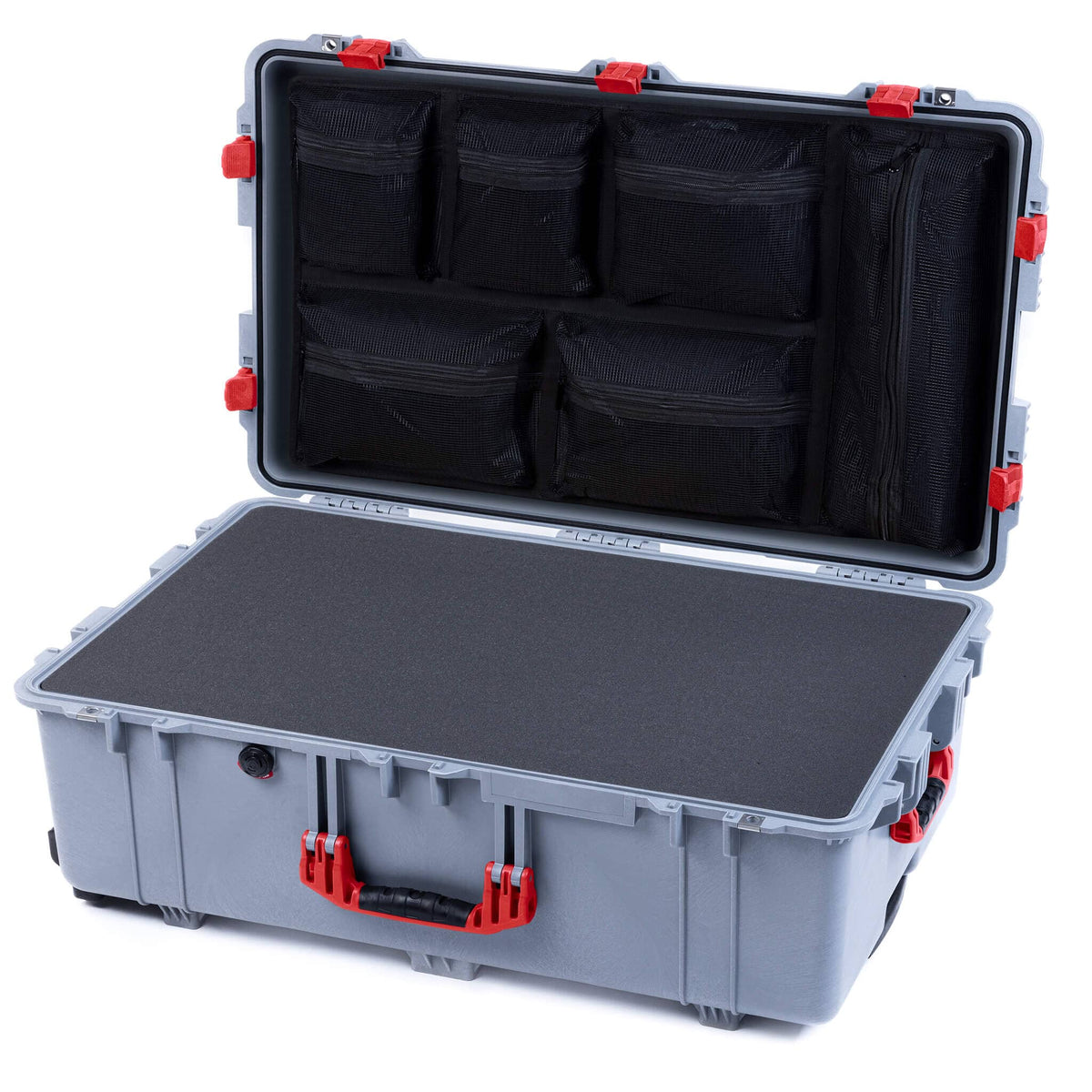 Pelican 1650 Case, Silver with Red Handles &amp; Latches Pick &amp; Pluck Foam with Mesh Lid Organizer ColorCase 016500-0101-180-320
