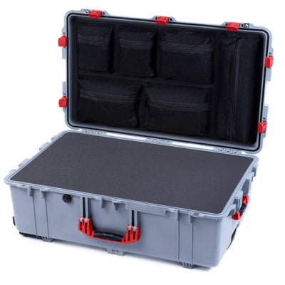 Pelican 1650 Case, Silver with Red Handles & Latches Pick & Pluck Foam with Mesh Lid Organizer ColorCase 016500-0101-180-320