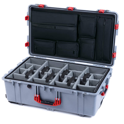 Pelican 1650 Case, Silver with Red Handles & Push-Button Latches Gray Padded Microfiber Dividers with Laptop Computer Lid Pouch ColorCase 016500-0270-180-321