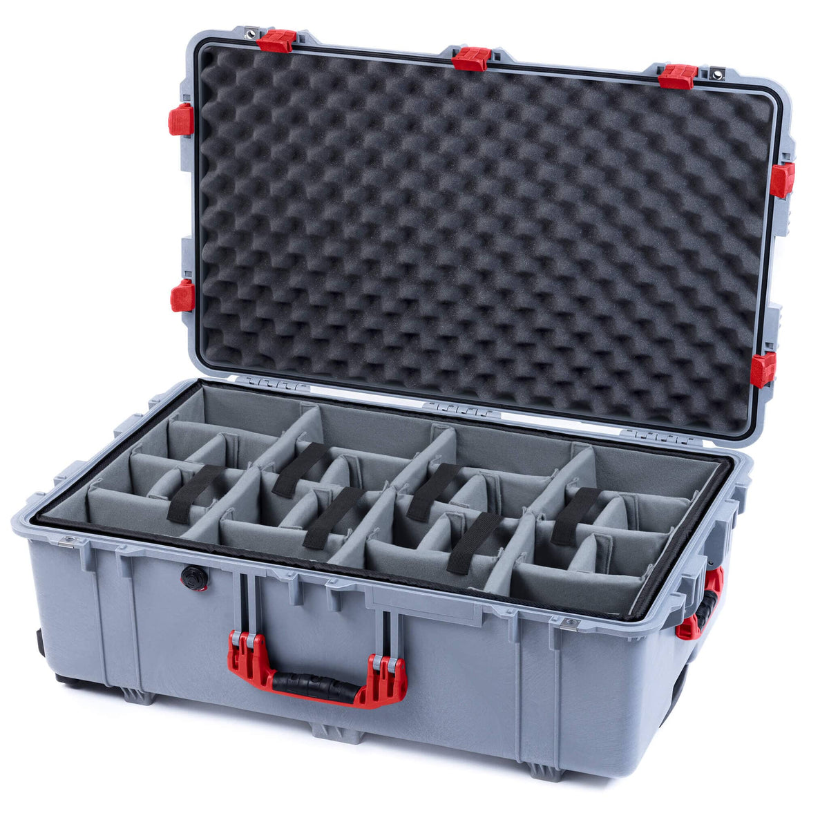 Pelican 1650 Case, Silver with Red Handles &amp; Latches Gray Padded Dividers with Convoluted Lid Foam ColorCase 016500-0070-180-320
