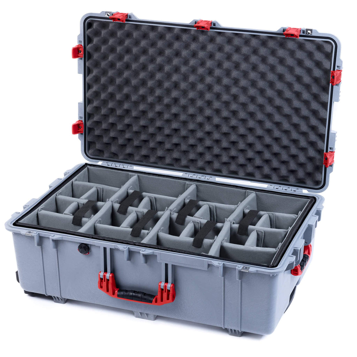 Pelican 1650 Case, Silver with Red Handles &amp; Push-Button Latches Gray Padded Dividers with Convoluted Lid Foam ColorCase 016500-0070-180-321