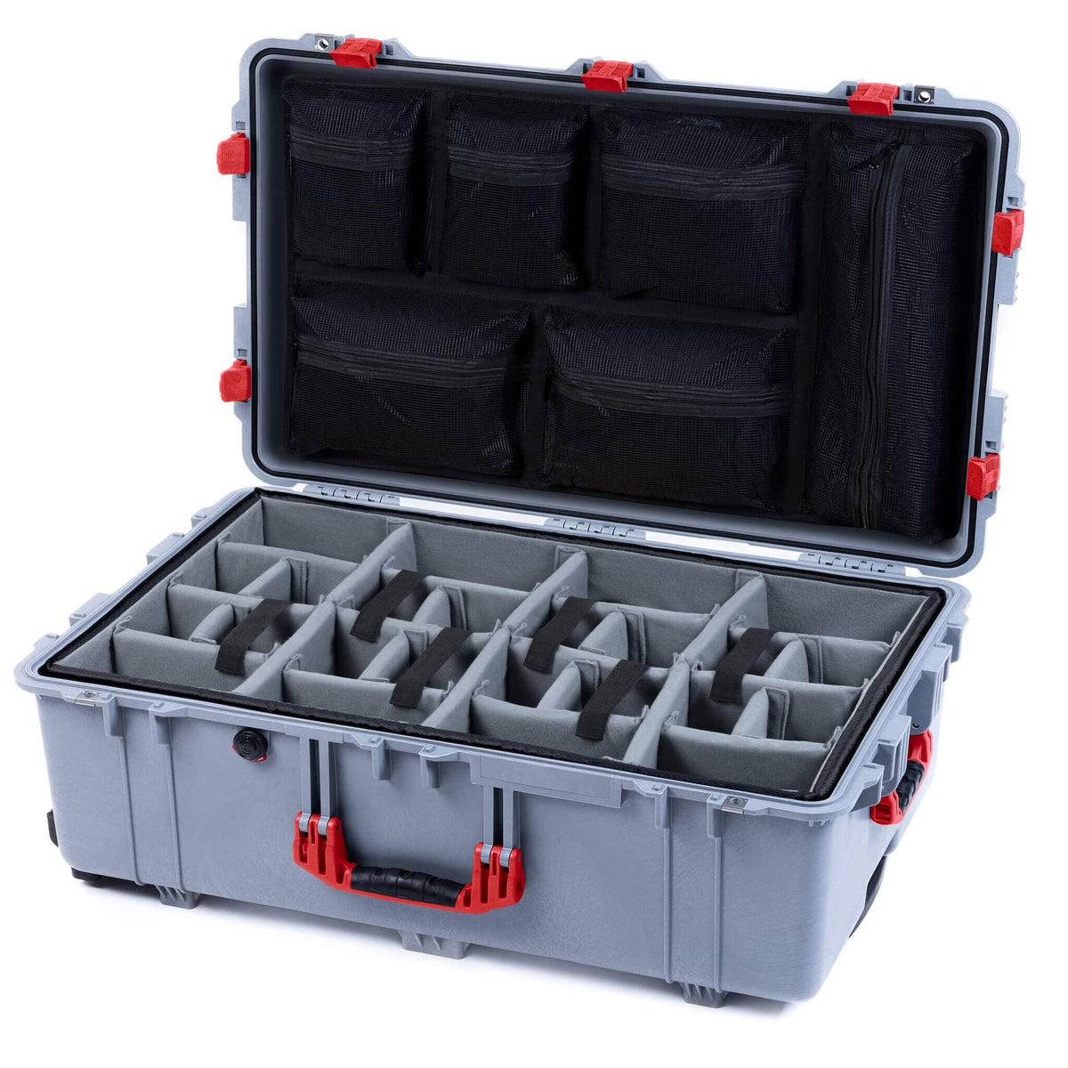 Pelican 1650 Case, Silver with Red Handles &amp; Latches Gray Padded Microfiber Dividers with Mesh Lid Organizer ColorCase 016500-0170-180-320