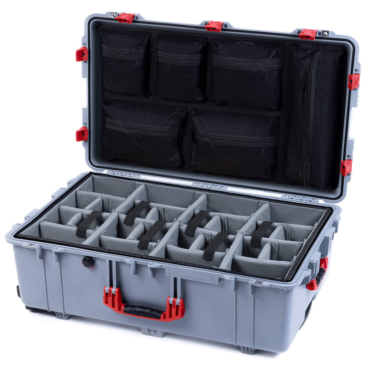 Pelican 1650 Case, Silver with Red Handles &amp; Push-Button Latches Gray Padded Microfiber Dividers with Mesh Lid Organizer ColorCase 016500-0170-180-321