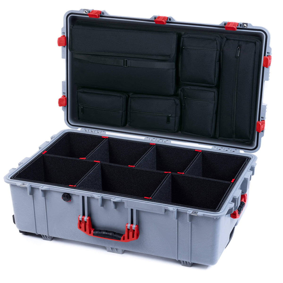 Pelican 1650 Case, Silver with Red Handles &amp; Latches TrekPak Divider System with Laptop Computer Pouch ColorCase 016500-0220-180-320
