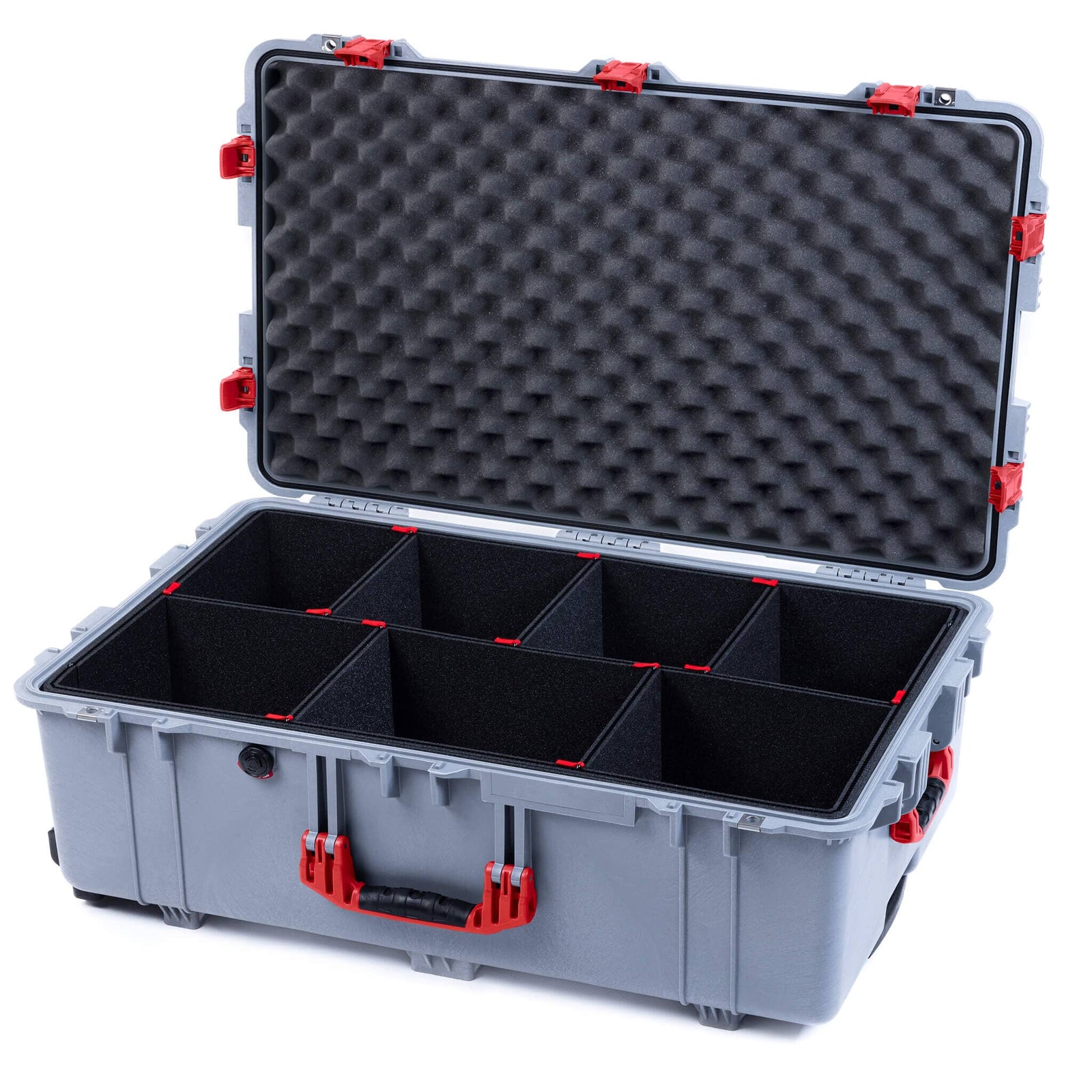 Pelican 1650 Case, Silver with Red Handles & Push-Button Latches TrekPak Divider System with Convoluted Lid Foam ColorCase 016500-0020-180-321