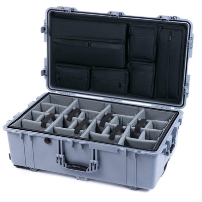 Pelican 1650 Case, Silver (Push-Button Latches) Gray Padded Microfiber Dividers with Laptop Computer Lid Pouch ColorCase 016500-0270-180-181