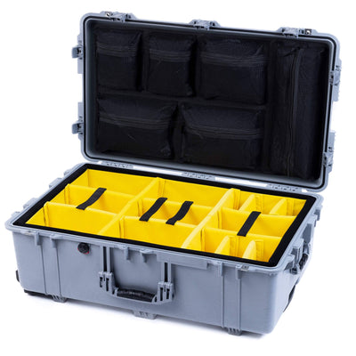 Pelican 1650 Case, Silver (Push-Button Latches) Yellow Padded Microfiber Dividers with Mesh Lid Organizer ColorCase 016500-0110-180-181