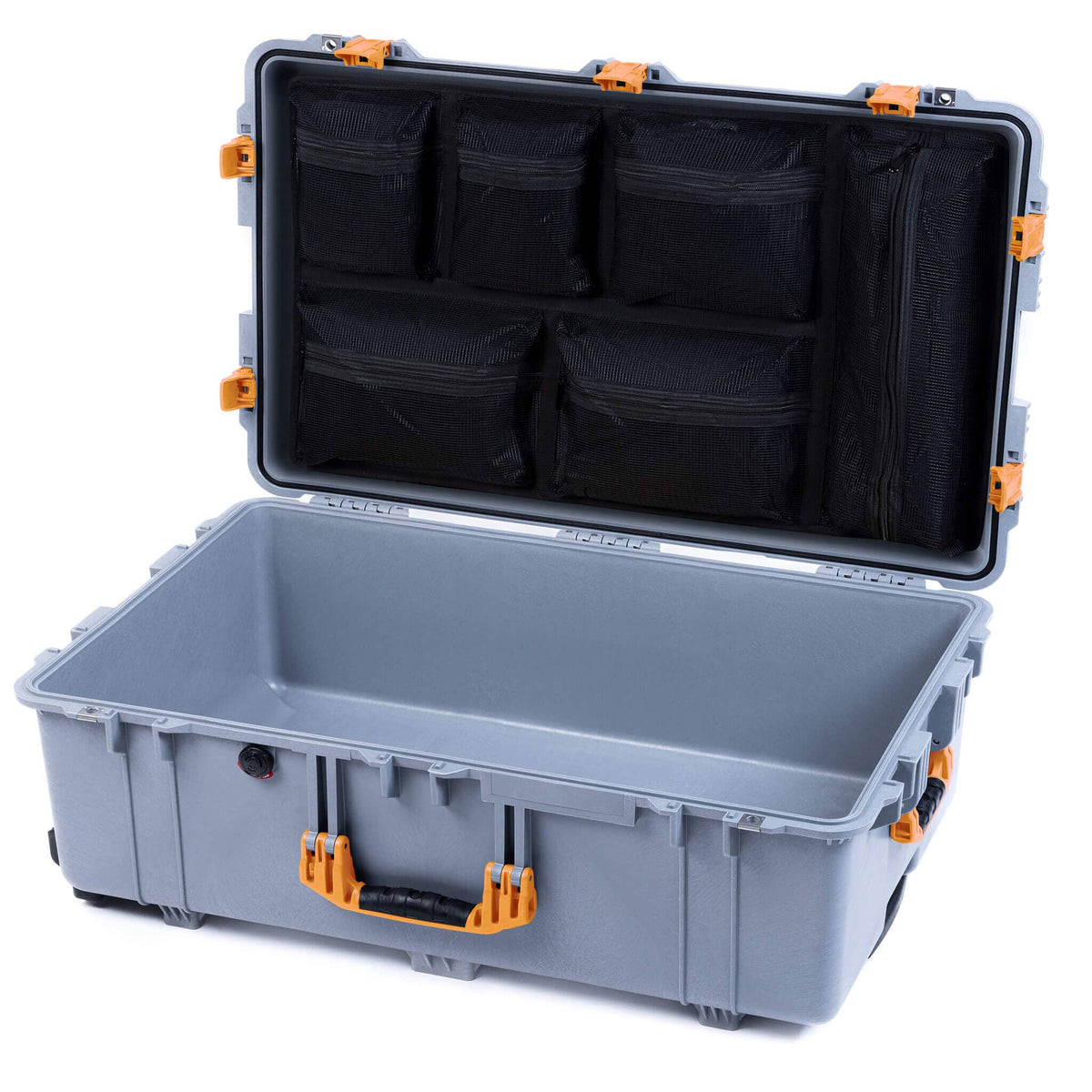 Pelican 1650 Case, Silver with Yellow Handles &amp; Push-Button Latches Mesh Lid Organizer Only ColorCase 016500-0100-180-241