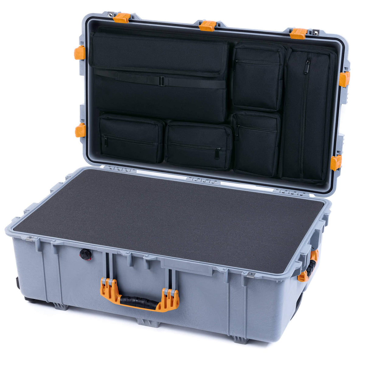 Pelican 1650 Case, Silver with Yellow Handles &amp; Latches Pick &amp; Pluck Foam with Laptop Computer Lid Pouch ColorCase 016500-0201-180-240