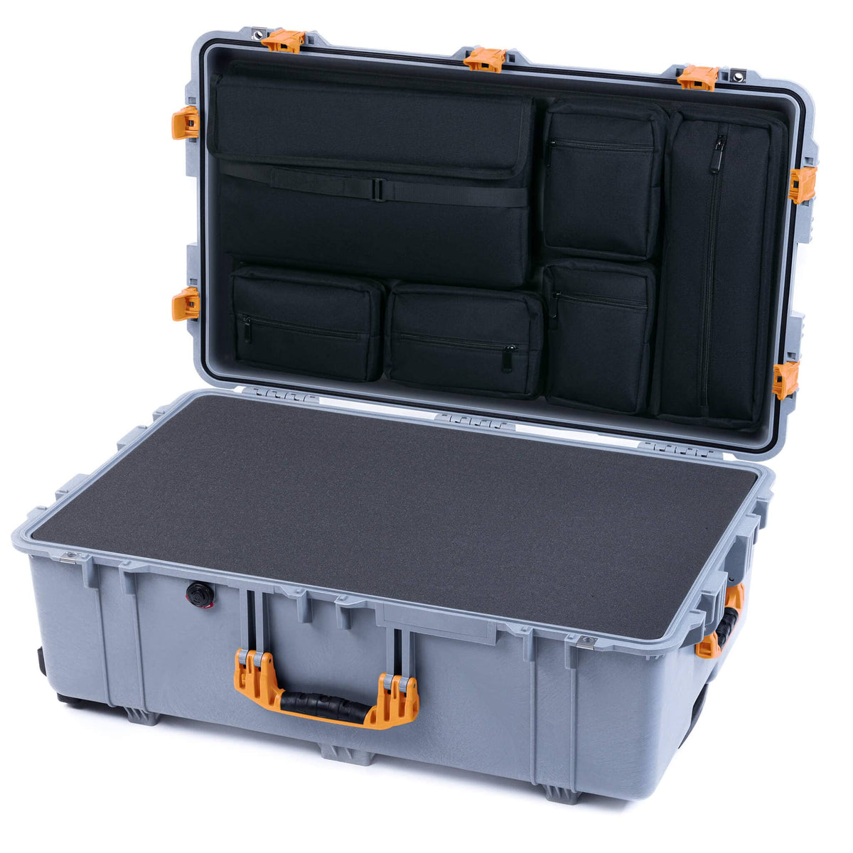 Pelican 1650 Case, Silver with Yellow Handles &amp; Push-Button Latches Pick &amp; Pluck Foam with Laptop Computer Lid Pouch ColorCase 016500-0201-180-241
