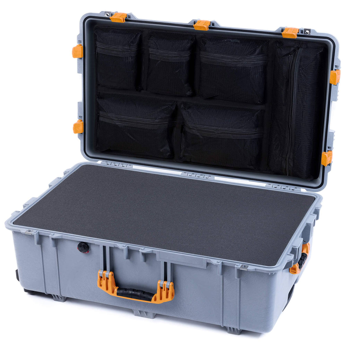 Pelican 1650 Case, Silver with Yellow Handles &amp; Latches Pick &amp; Pluck Foam with Mesh Lid Organizer ColorCase 016500-0101-180-240