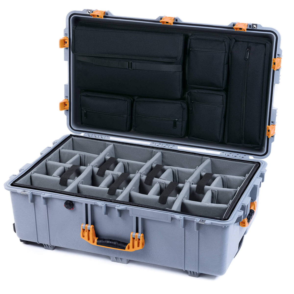 Pelican 1650 Case, Silver with Yellow Handles &amp; Push-Button Latches TrekPak Divider System with Laptop Computer Pouch ColorCase 016500-0220-180-241