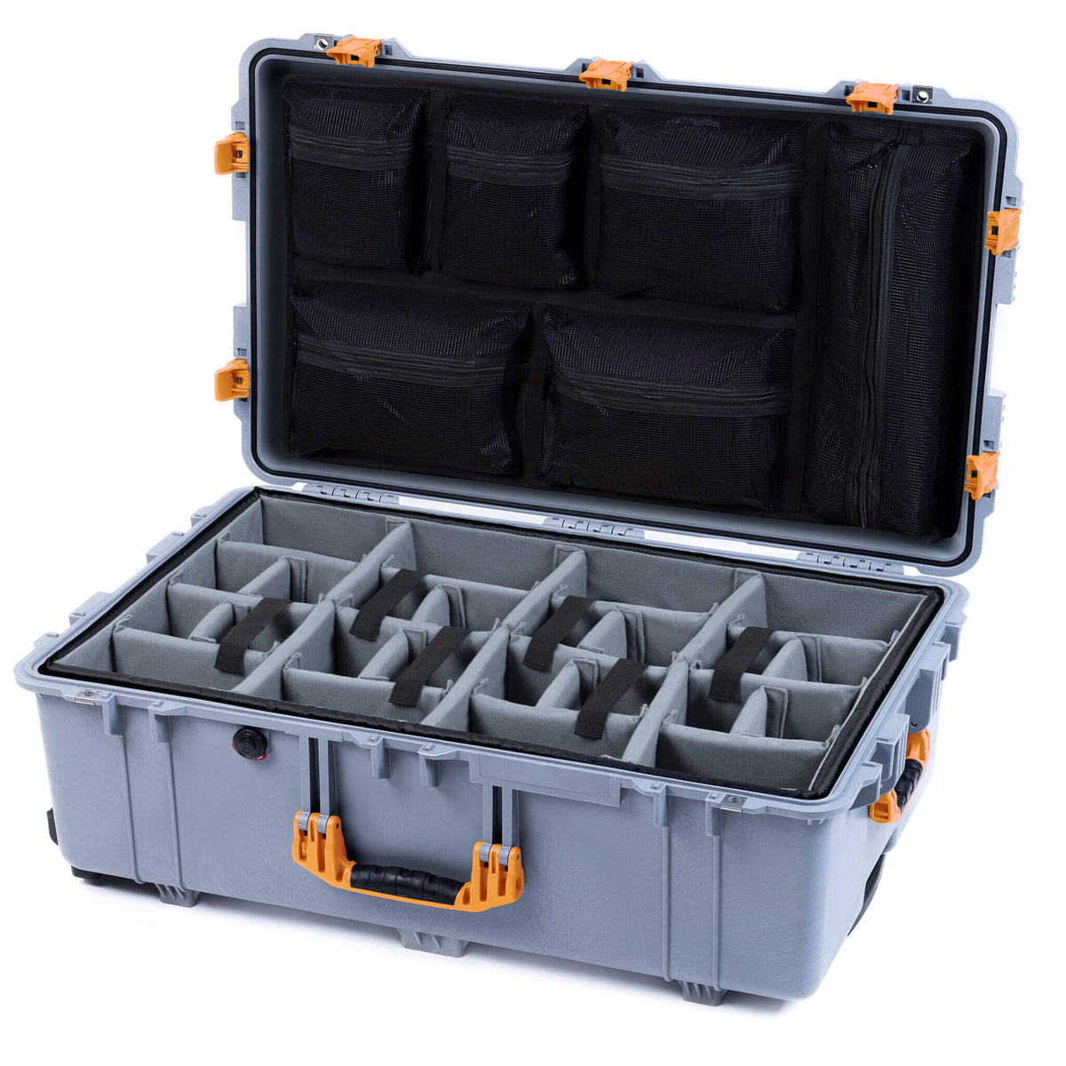 Pelican 1650 Case, Silver with Yellow Handles &amp; Push-Button Latches TrekPak Divider System with Mesh Lid Organizer ColorCase 016500-0120-180-241