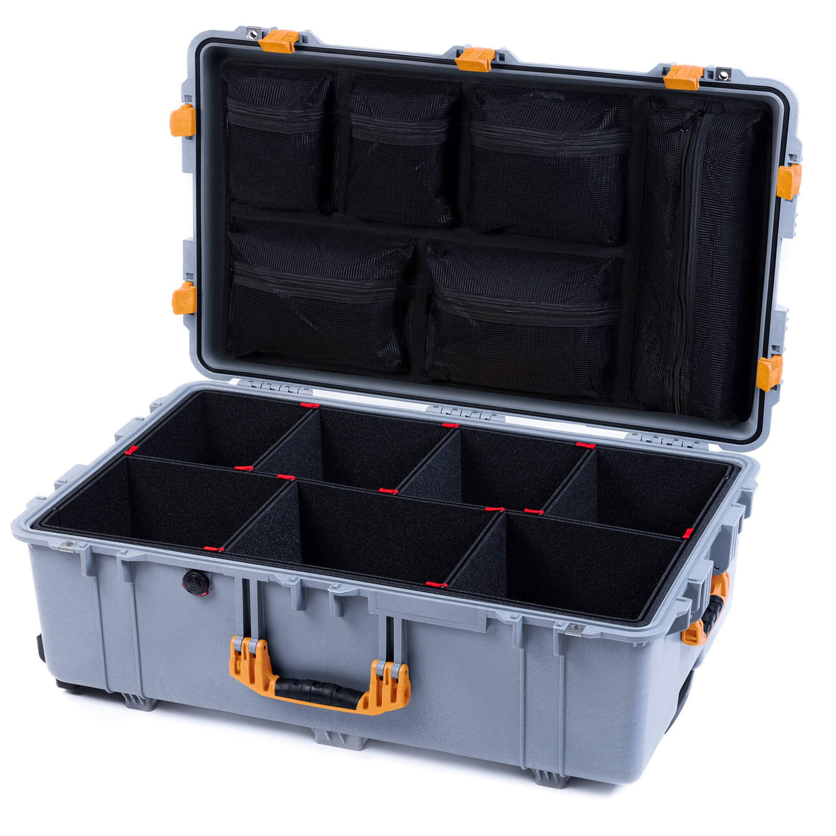 Pelican 1650 Case, Silver with Yellow Handles &amp; Latches TrekPak Divider System with Mesh Lid Organizer ColorCase 016500-0120-180-240