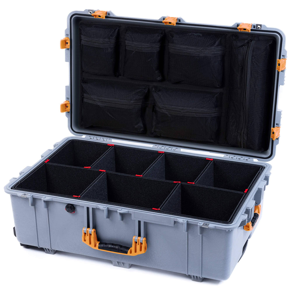 Pelican 1650 Case, Silver with Yellow Handles &amp; Push-Button Latches Gray Padded Microfiber Dividers with Mesh Lid Organizer ColorCase 016500-0170-180-241