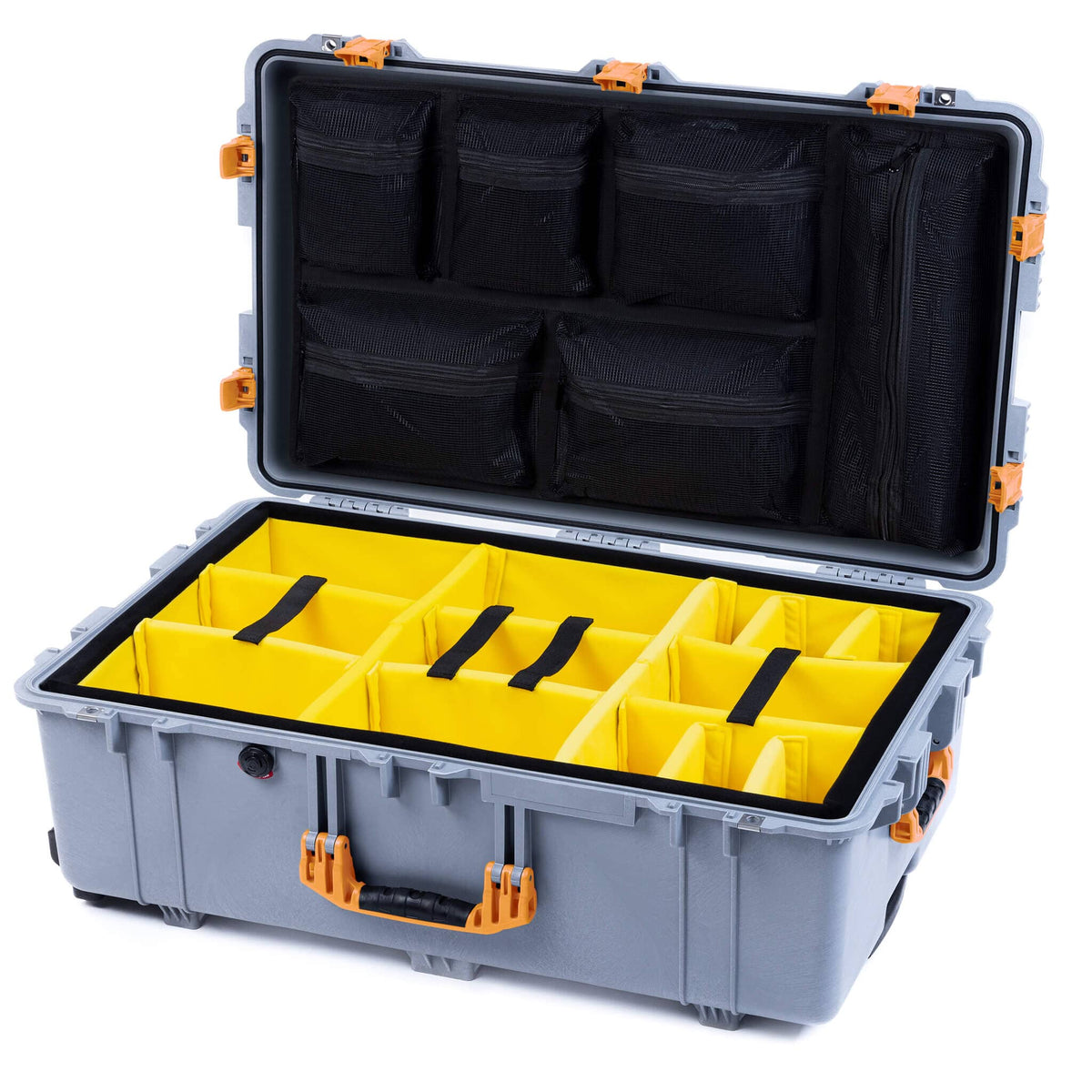 Pelican 1650 Case, Silver with Yellow Handles &amp; Push-Button Latches Yellow Padded Microfiber Dividers with Mesh Lid Organizer ColorCase 016500-0110-180-241