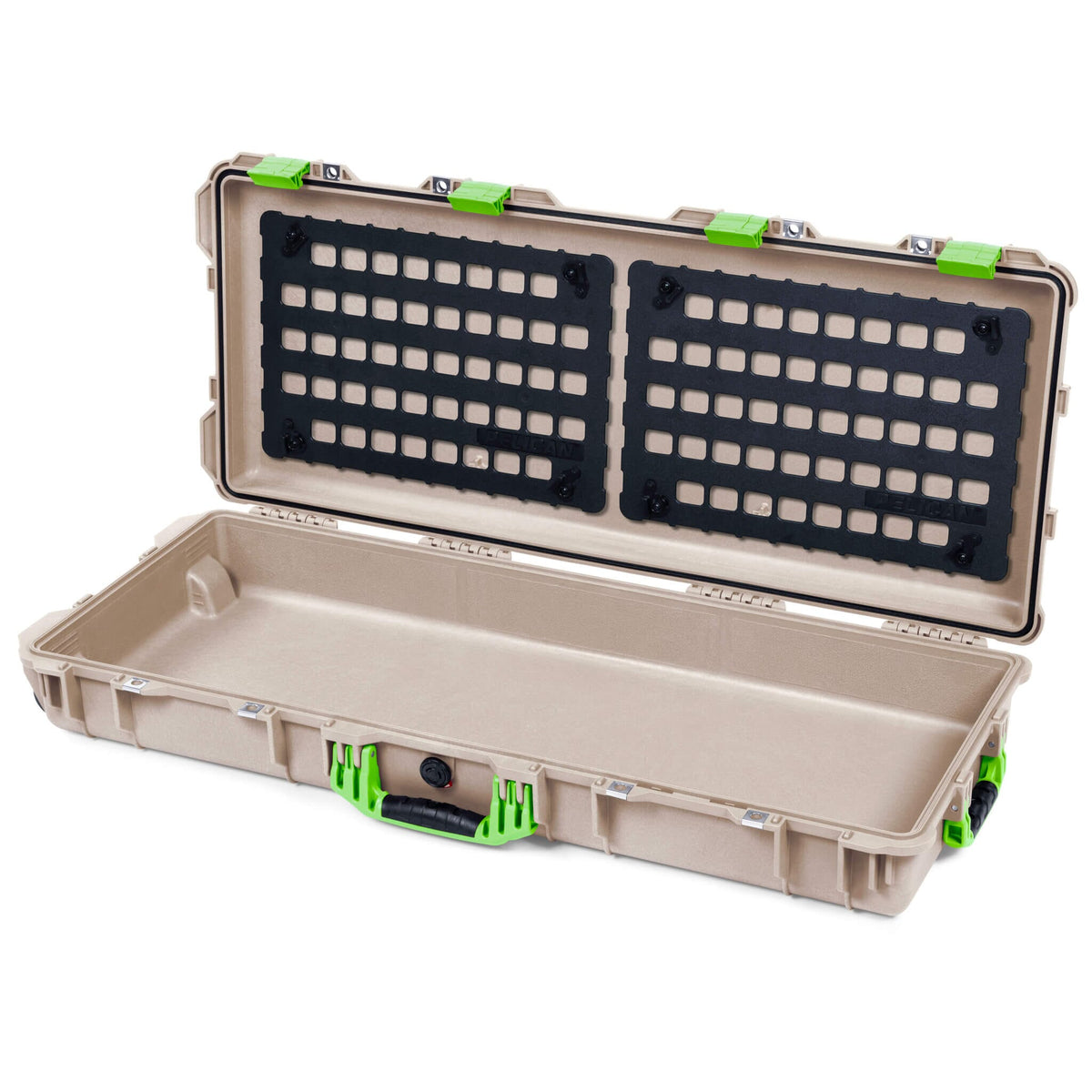 Pelican 1700 Protector Long Case, Desert Tan with Lime Green Handles &amp; Latches (Gen2) EZ-Click™ MOLLE Panels Only ColorCase 017000-0400-310-300