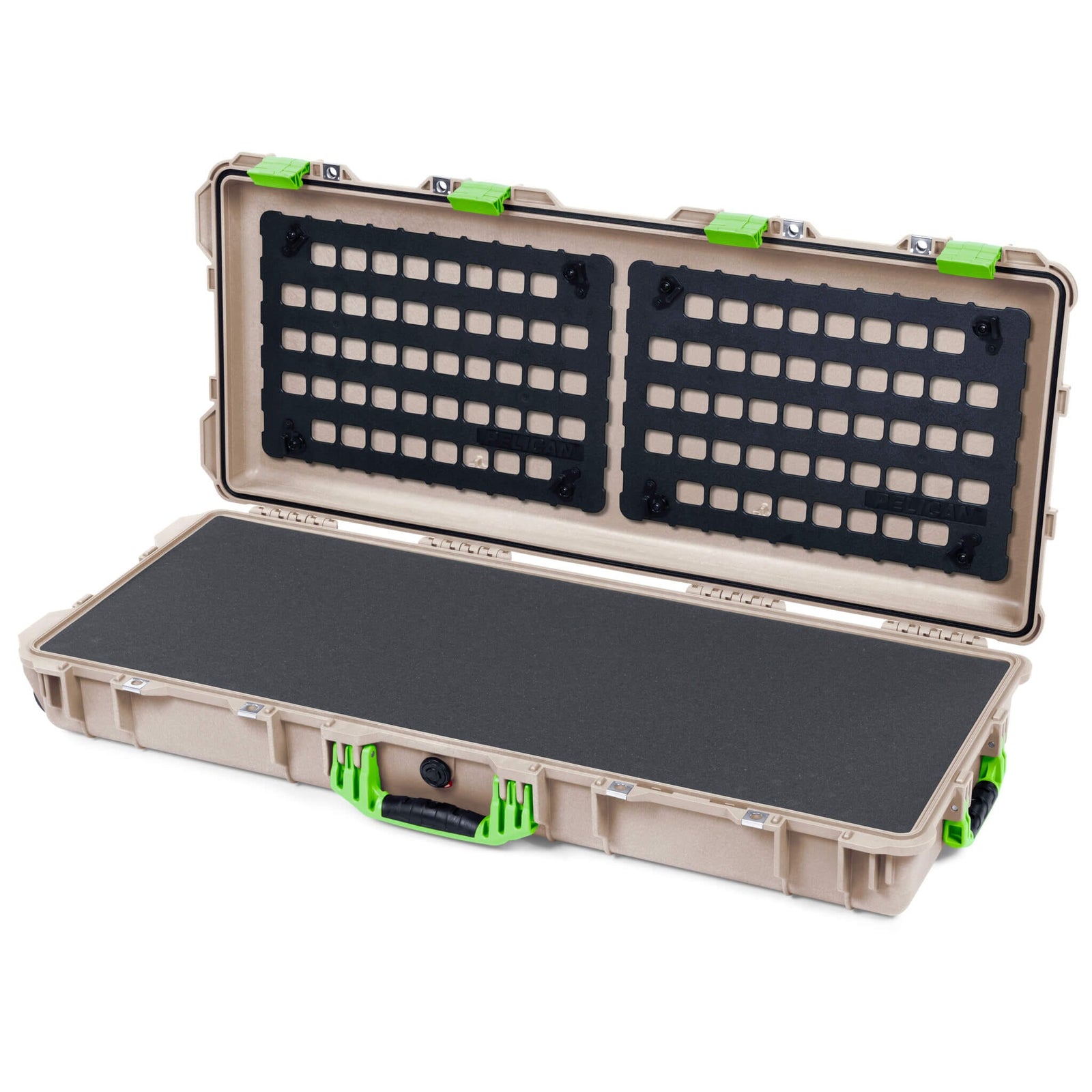 Pelican 1700 Protector Long Case, Desert Tan with Lime Green Handles & Latches (Gen2) Pick & Pluck Foam with EZ-Click™ MOLLE Panels ColorCase 017000-0401-310-300