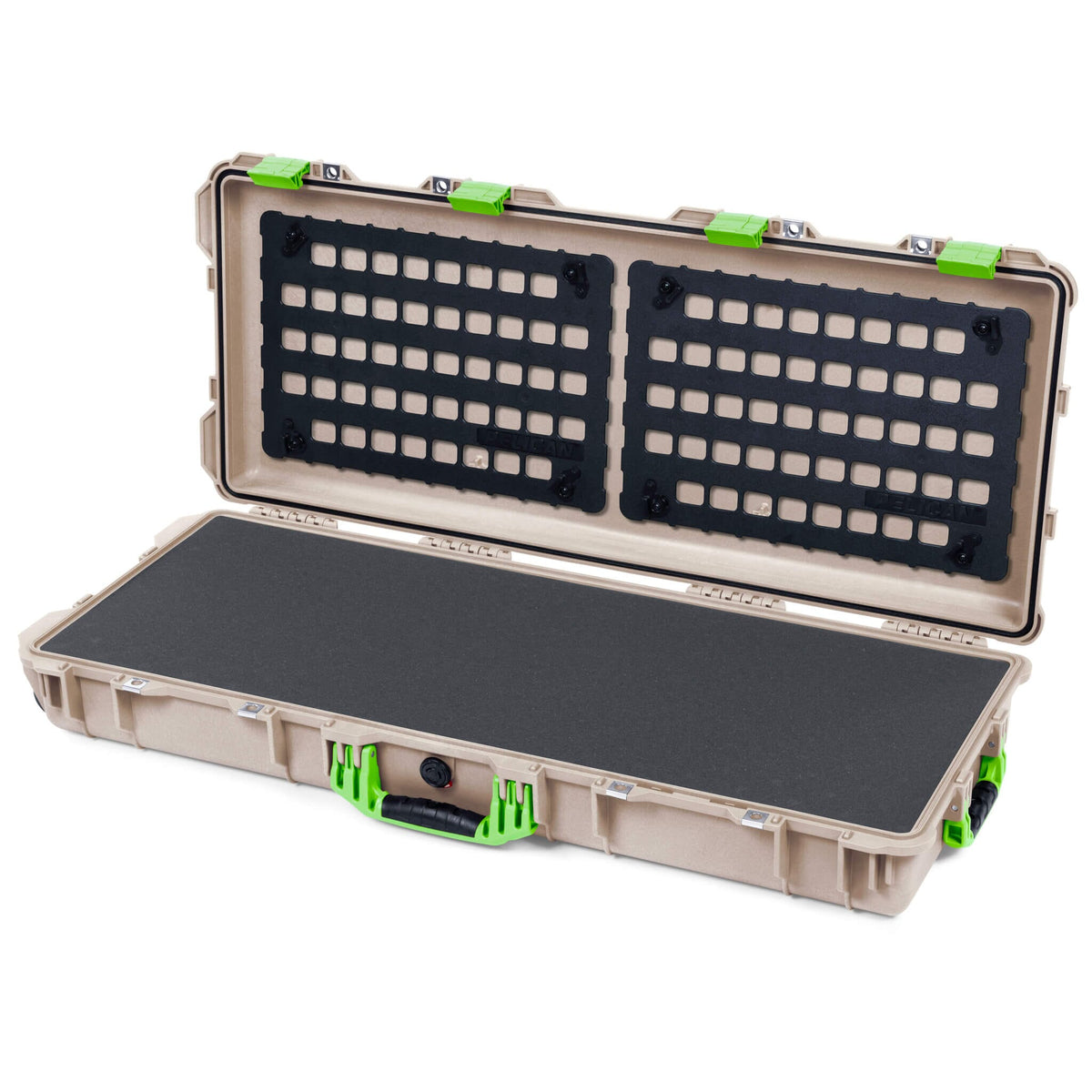 Pelican 1700 Protector Long Case, Desert Tan with Lime Green Handles &amp; Latches (Gen2) Solid Foam with EZ-Click™ MOLLE Panels ColorCase 017000-0402-310-300
