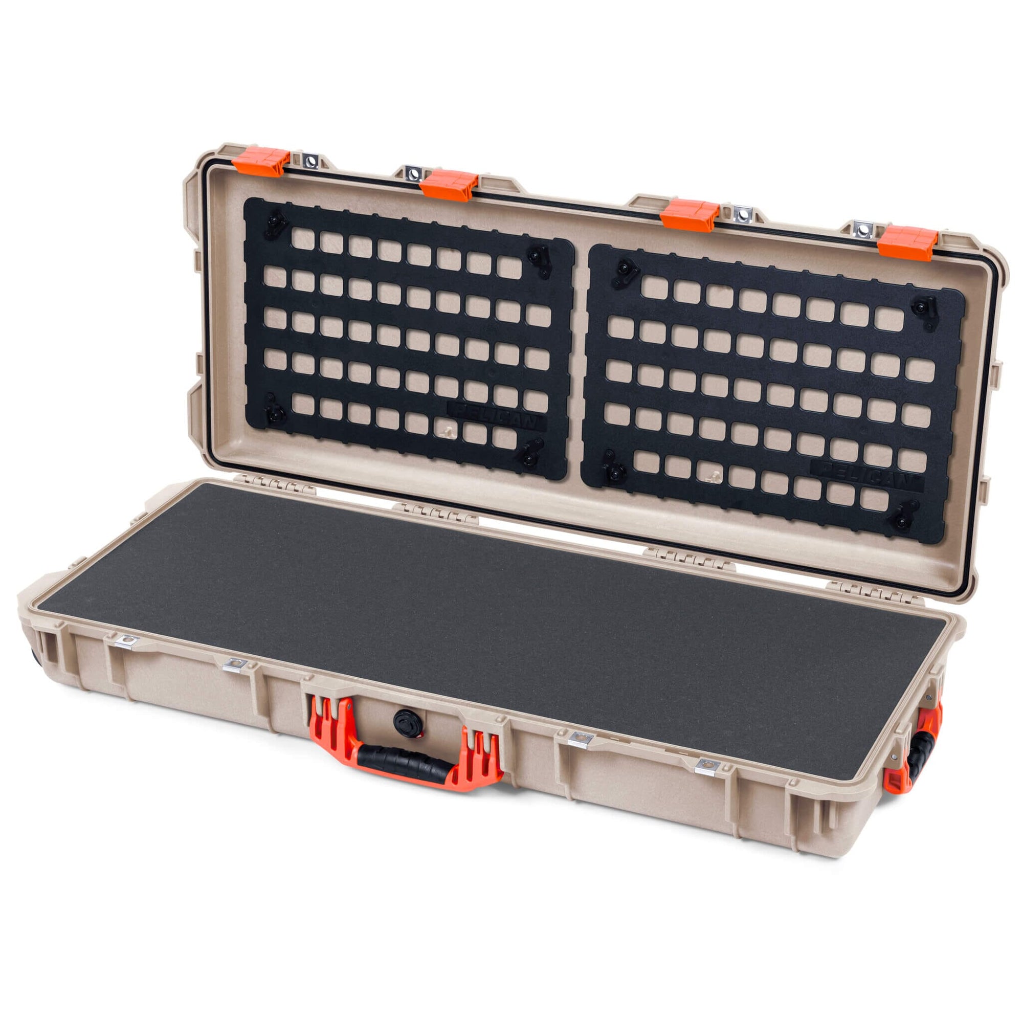 Pelican 1700 Protector Long Case, Desert Tan with Orange Handles & Latches (Gen2) Solid Foam with EZ-Click™ MOLLE Panels ColorCase 017000-0402-310-150