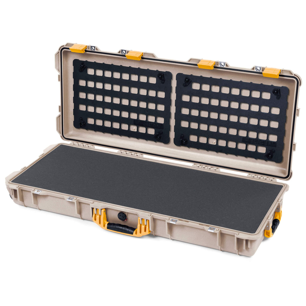Pelican 1700 Protector Long Case, Desert Tan with Yellow Handles &amp; Latches (Gen2) Pick &amp; Pluck Foam with EZ-Click™ MOLLE Panels ColorCase 017000-0401-310-240
