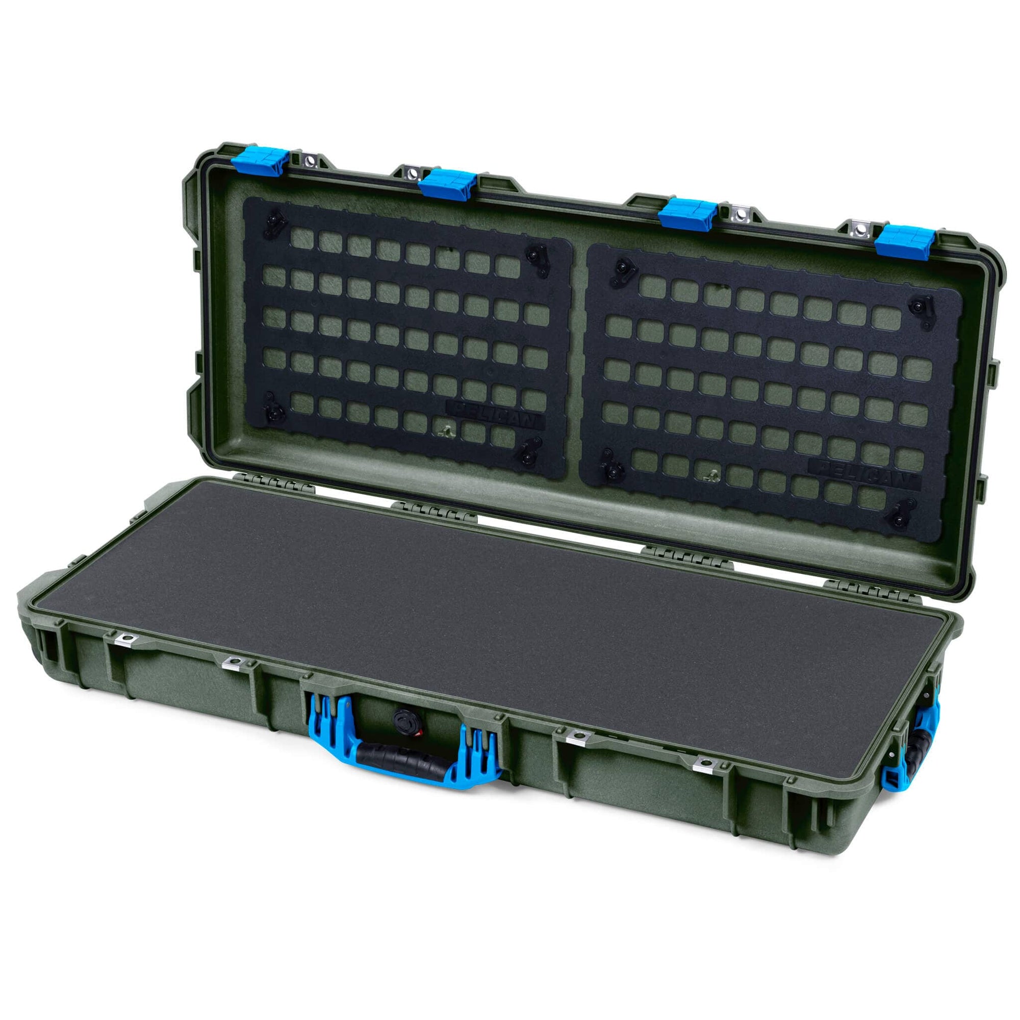 Pelican 1700 Protector Long Case, OD Green with Blue Handles & Latches (Gen2) Pick & Pluck Foam with EZ-Click™ MOLLE Panels ColorCase 017000-0401-130-120