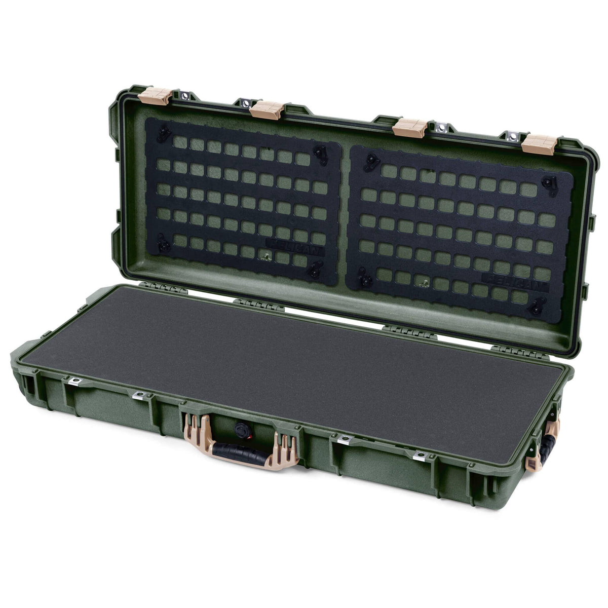 Pelican 1700 Protector Long Case, OD Green with Desert Tan Handles &amp; Latches (Gen2) Pick &amp; Pluck Foam with EZ-Click™ MOLLE Panels ColorCase 017000-0401-130-310