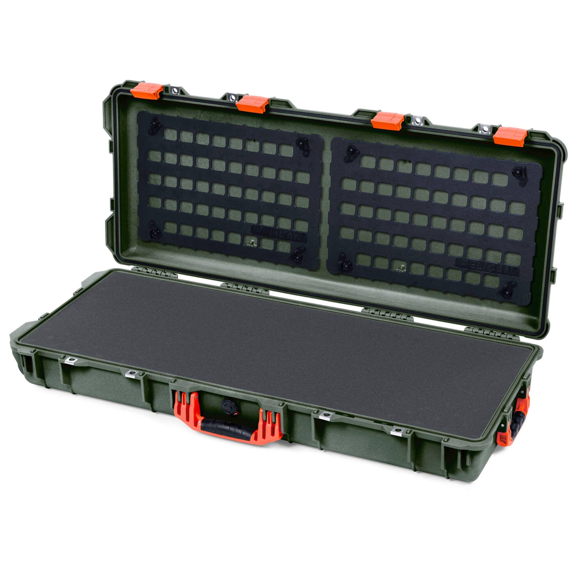Pelican 1700 Protector Long Case, OD Green with Orange Handles & Latches (Gen2) Solid Foam with EZ-Click™ MOLLE Panels ColorCase 017000-0402-130-150