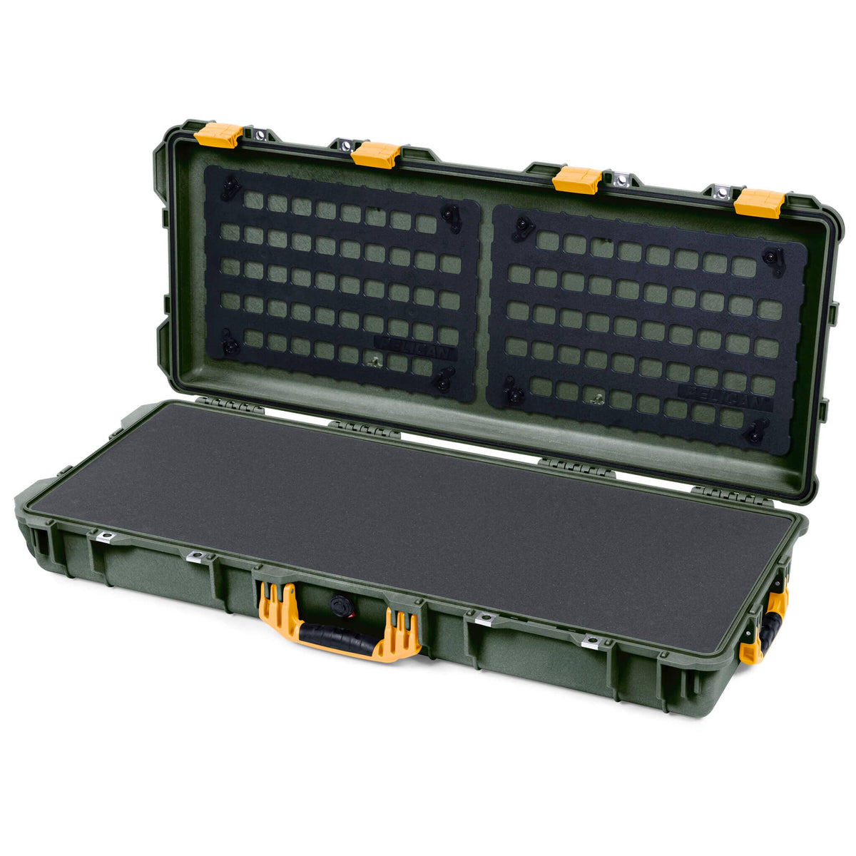 Pelican 1700 Protector Long Case, OD Green with Yellow Handles &amp; Latches (Gen2) Solid Foam with EZ-Click™ MOLLE Panels ColorCase 017000-0402-130-240