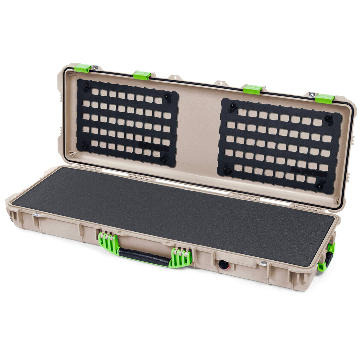 Pelican 1720 Protector Long Case, Desert Tan with Lime Green Handles &amp; Latches (Gen2) Solid Foam with EZ-Click™ MOLLE Panels ColorCase 017200-0402-310-300