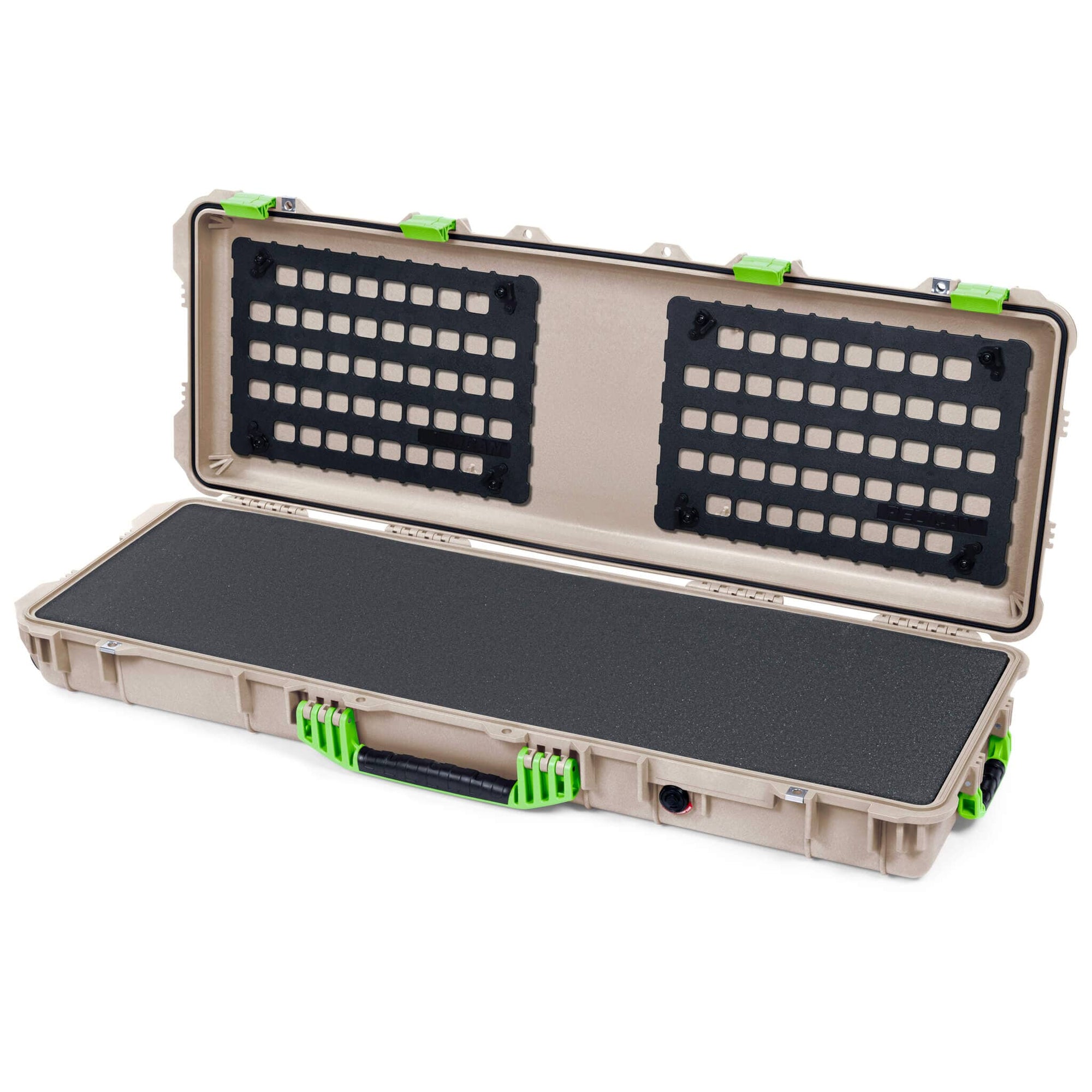Pelican 1720 Protector Long Case, Desert Tan with Lime Green Handles & Latches (Gen2) Solid Foam with EZ-Click™ MOLLE Panels ColorCase 017200-0402-310-300