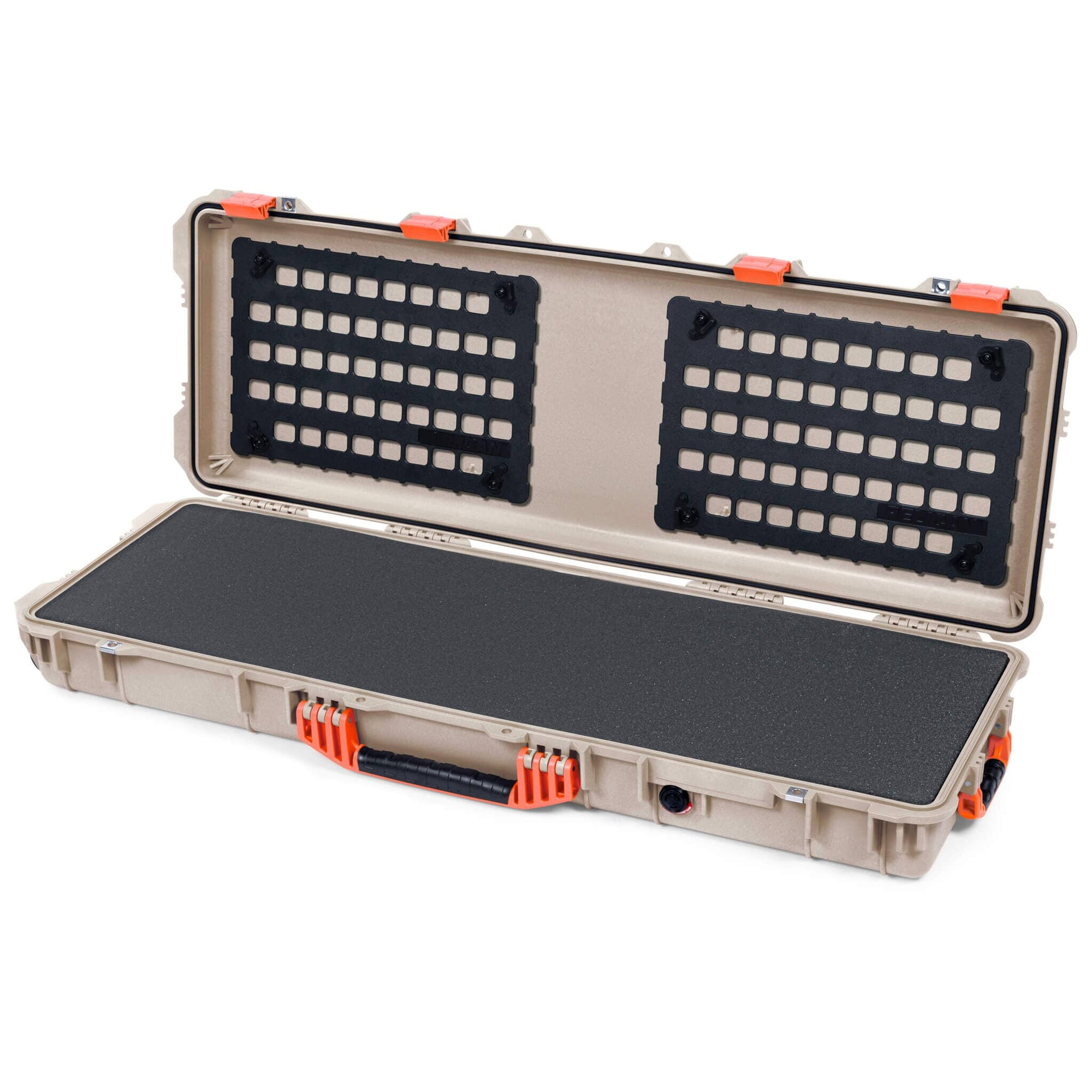 Pelican 1720 Protector Long Case, Desert Tan with Orange Handles & Latches (Gen2) Solid Foam with EZ-Click™ MOLLE Panels ColorCase 017200-0402-310-150