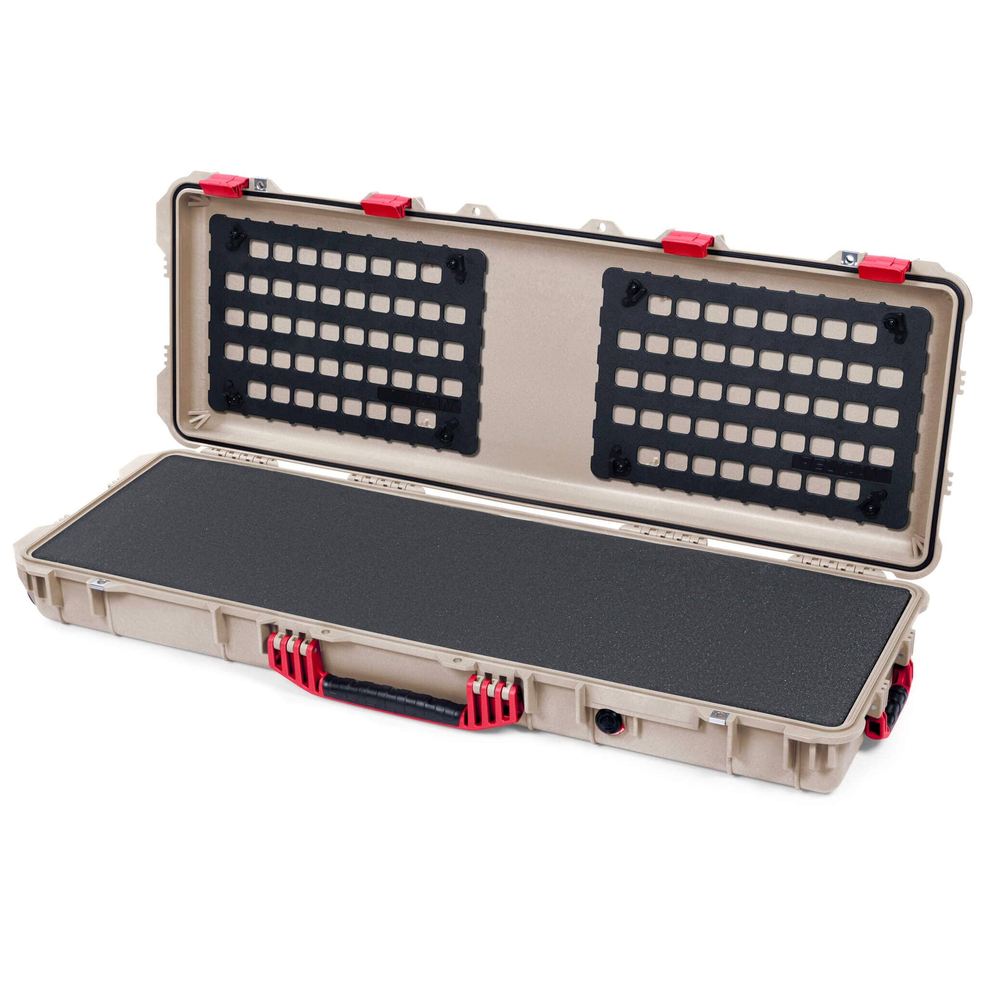 Pelican 1720 Protector Long Case, Desert Tan with Red Handles & Latches (Gen2) Solid Foam with EZ-Click™ MOLLE Panels ColorCase 017200-0402-310-320