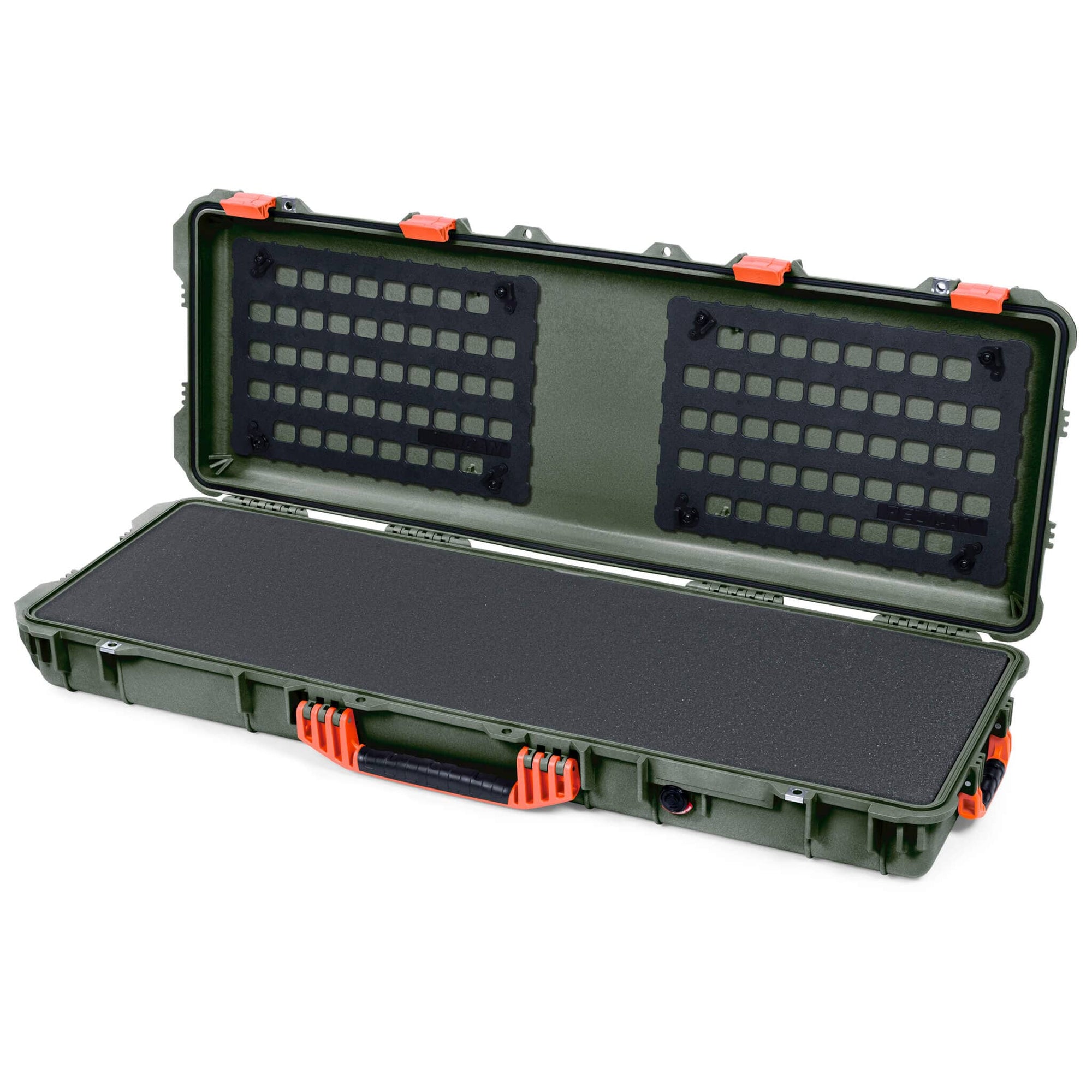 Pelican 1720 Protector Long Case, OD Green with Orange Handles & Latches (Gen2) Pick & Pluck Foam with EZ-Click™ MOLLE Panels ColorCase 017200-0401-130-150