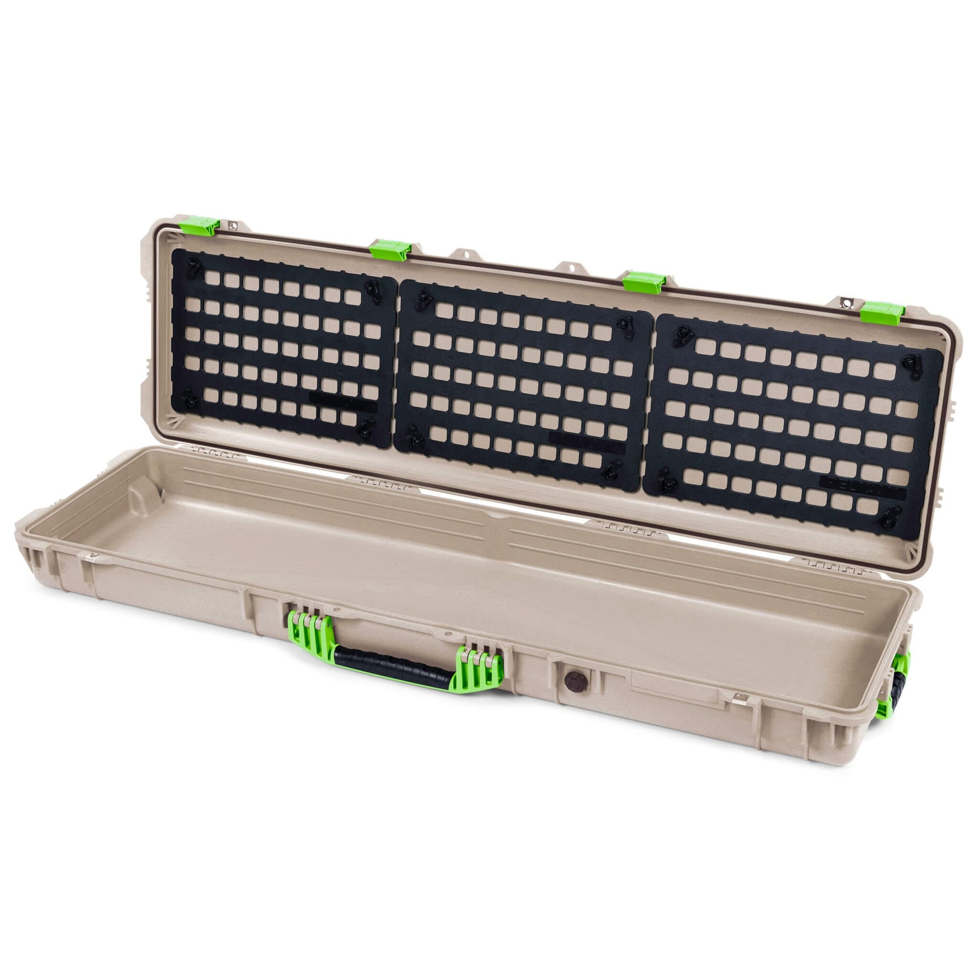 Pelican 1750 Protector Long Case, Desert Tan with Lime Green Handles & Latches (Gen2) EZ-Click™ MOLLE Panels Only ColorCase 017500-0400-310-300