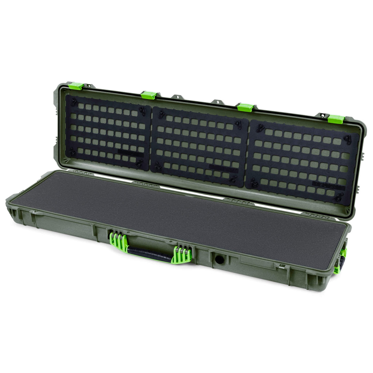 Pelican 1750 Protector Long Case, OD Green with Lime Green Handles &amp; Latches (Gen2) Pick &amp; Pluck Foam with EZ-Click™ MOLLE Panels ColorCase 017500-0401-130-300