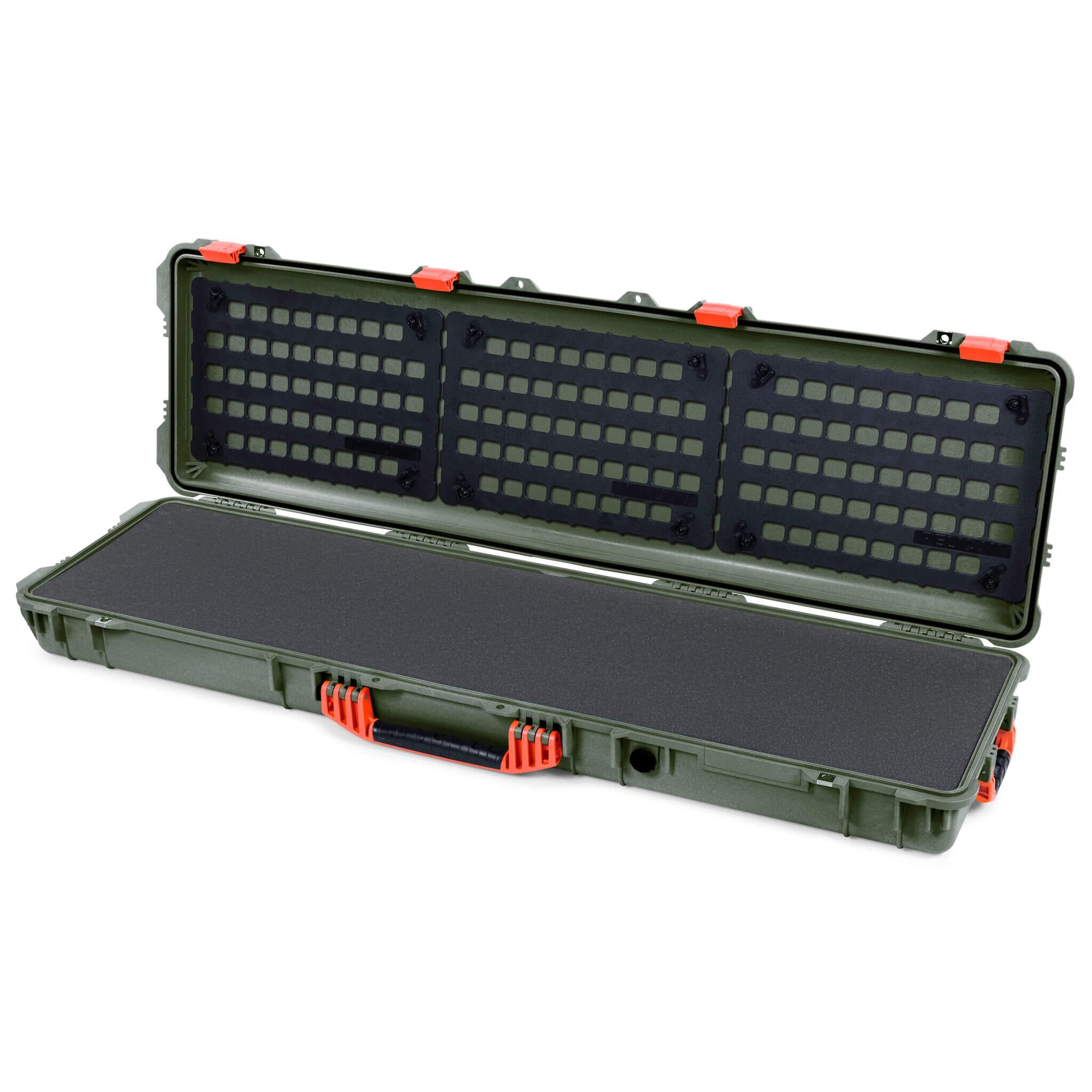 Pelican 1750 Protector Long Case, OD Green with Orange Handles & Latches (Gen2) Solid Foam with EZ-Click™ MOLLE Panels ColorCase 017500-0402-130-150